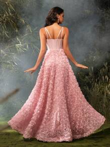 玫瑰花瓣设计无袖高低腰连衣裙、派对礼服、婚礼宾客礼服、正式礼服、晚礼服、长袍 - 粉色 - 查看 2