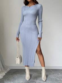 Chiquease Solid Color Fitted Side Slit Sweater Dress, Spring/Autumn - Blue - View 1