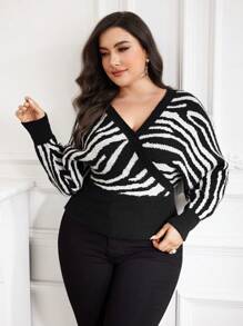 Modelyn 大码女式斑马纹 V 领蝙蝠袖长袖休闲套头衫秋季 - 黑與白 - 查看 6
