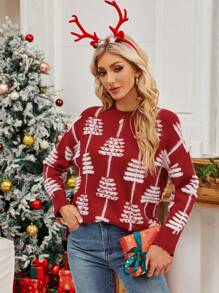 SHEIN Unity Women's Christmas Pattern Oversized Pullover Sweater, Sweet & Youthful, Knit Pullover Fall Winter - Red - View 5