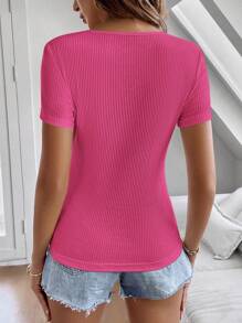 SHEIN Clasi Áo thun tay ngắn cổ tròn sọc trơn đơn giản - Màu Hồng Tươi - Xem 2