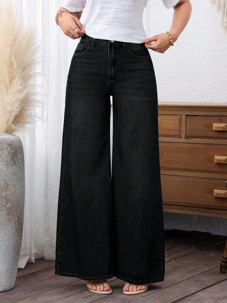 Casual Washed Wide Leg Jeans For Winter - Black - View 4