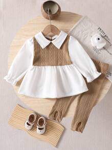 SHEIN Playful Pals 2pcs Baby Girl Spring/Autumn Lapel Colorblock Set, Patchwork Long Sleeve Shirt & Pants