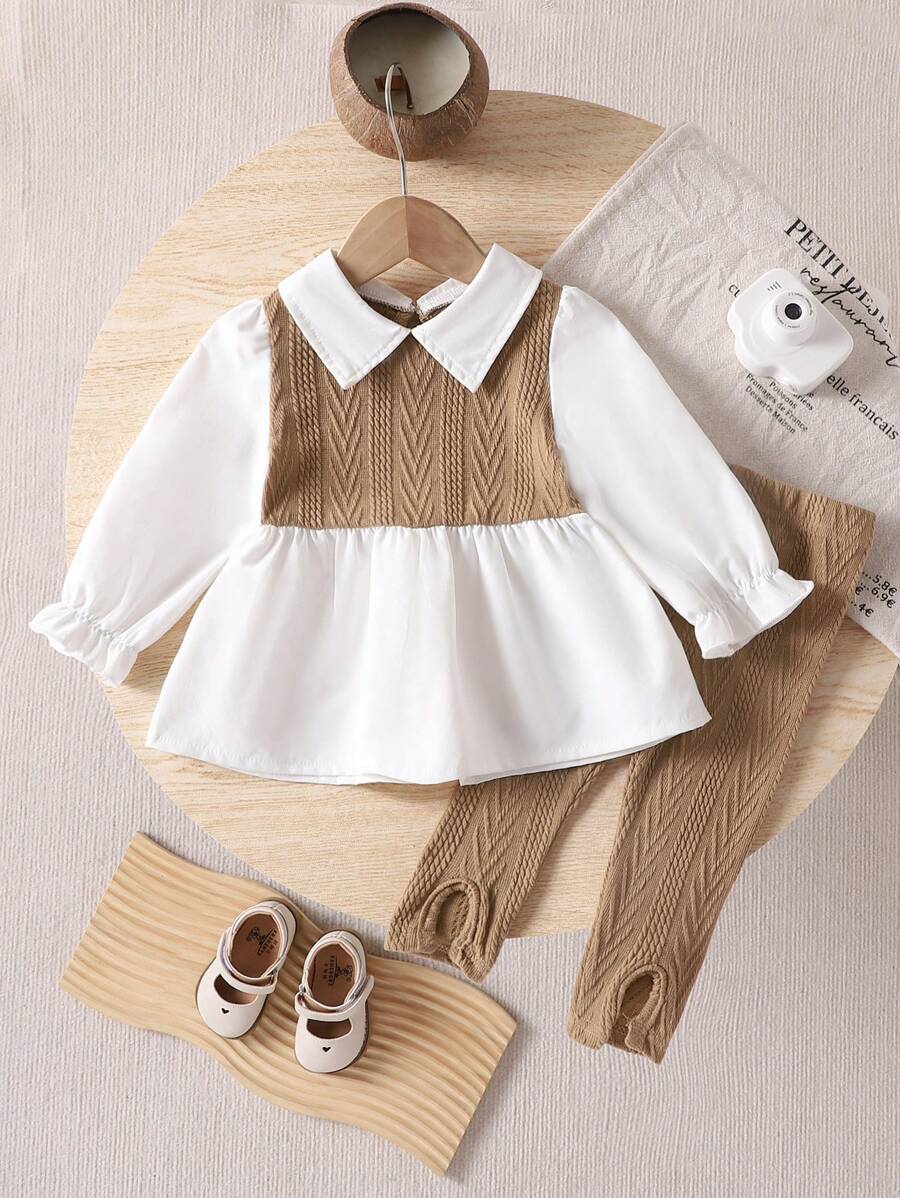 SHEIN Playful Pals 2pcs Baby Girl Spring/Autumn Lapel Colorblock Set, Patchwork Long Sleeve Shirt & Pants