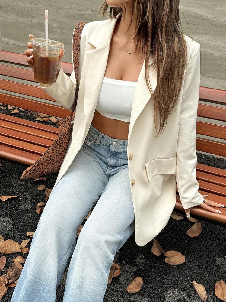 SHEIN EZwear Conjunto de verano Blazer con cuello de solapa y detalle de solapa - Albaricoque - Añade 4