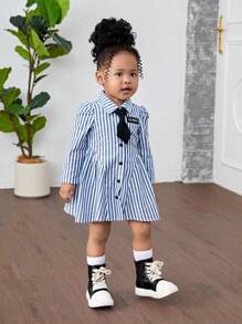 Bubblio Baby Girl Woven Long Sleeve Striped Collared Fitted Casual Dress (Tie Not Included) - Blue - View 7