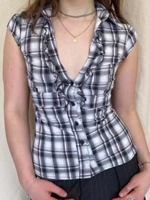 INAWLY 女士格子印花荷叶边前襟纽扣衬衫，配飘逸袖子