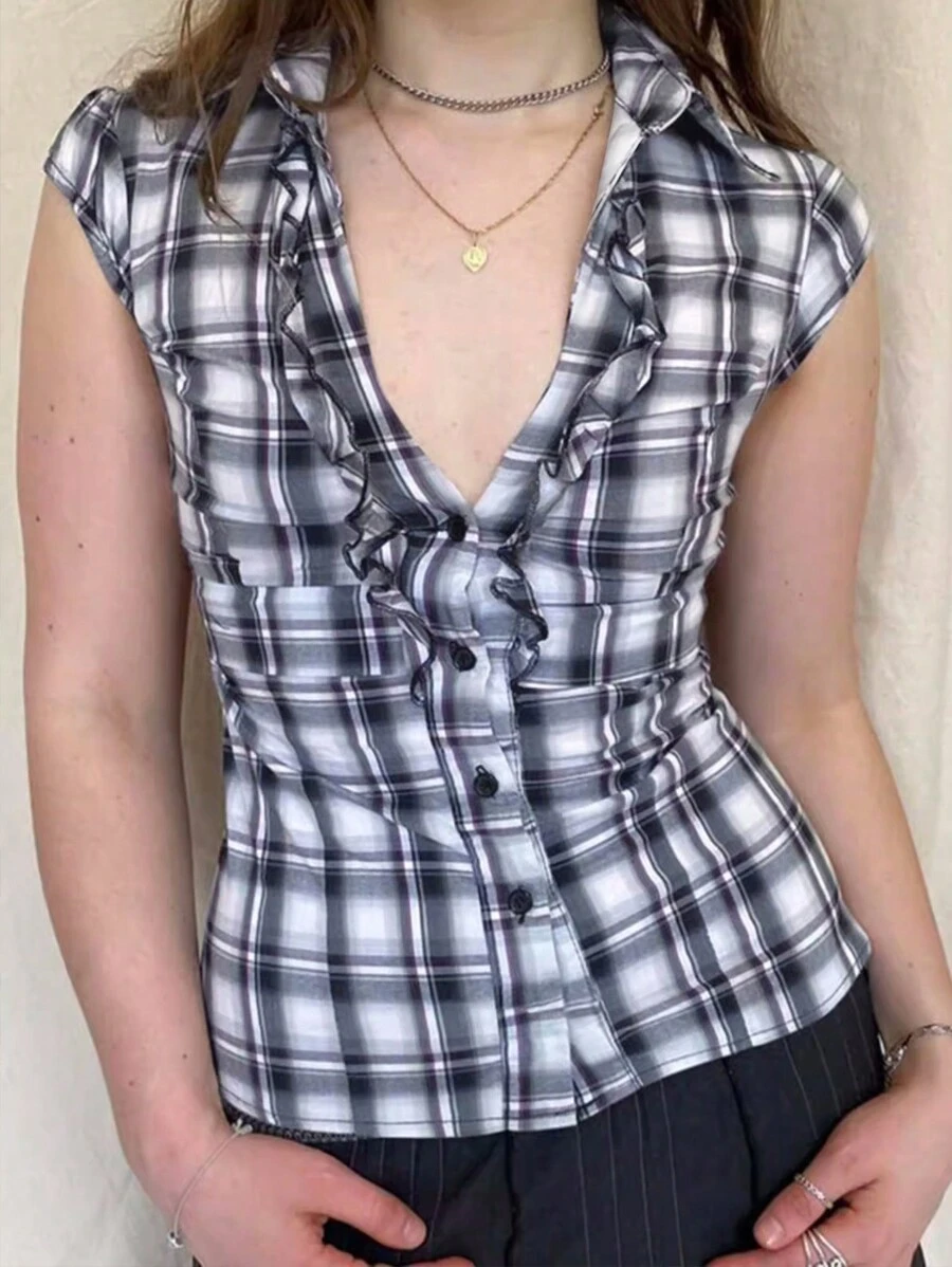 INAWLY 女士格子印花荷叶边前襟纽扣衬衫，配飘逸袖子