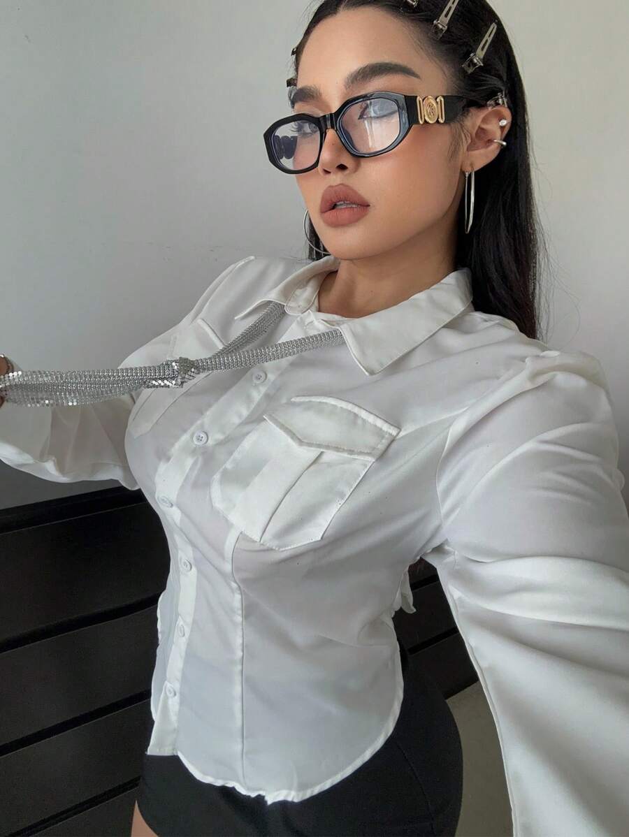 Flirla Chemise blanche unie à manches longues avec poche pour femmes grandes tailles - Blanc - Voir 1