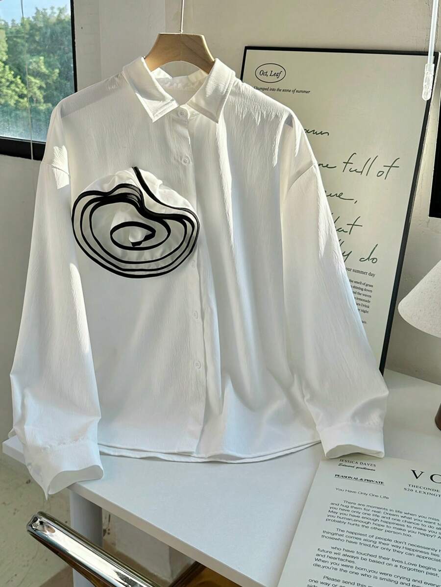 Chiquease Women 3D Floral Decor Drop Shoulder Long Sleeve Loose Casual Blouse, Autumn Fall Cloth For Women