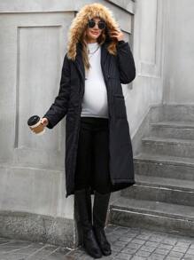 SHEIN Maternity Winter Casual Drawstring Waist Patch Pocket Fluffy Hooded Long Coat - Black - View 6