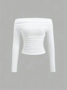 Sweetra Casual Solid Color Off Shoulder Gathered Fitted Blouse, Autumn - Multicolor - View 4