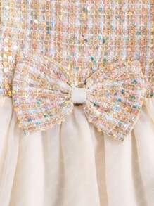 SHEIN Glamorique Kids Christmas Young Girl Sequin Dress, Beige-Color Beaded Long Sleeve Blouse Paired With Beige Tulle, Bow Decor At Waist. Perfect For Party Or Special Events, Instantly Become The Center Of Attention - Champagne - View 4