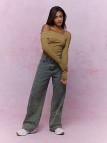 MISSGUIDED 不对称领口罗纹露肩头巾下摆长袖上衣 - 卡其色 - 查看 4