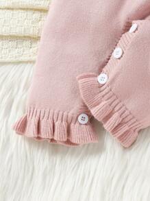 女婴毛衣连体衣，针织长袖连体衣，配裤子和帽子，柔软保暖，适合秋冬季。粉色，优雅蕾丝边饰，蝴蝶结装饰，荷叶边下摆，时尚别致，适合日常穿着，室内、户外、旅行 - 粉色 - 查看 5