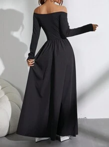 SHEIN Black Friday x Star Picks SHEIN Unity Gaun Off-Shoulder Minimalis Elegan Lengan Panjang Warna Polos dengan Detail Kerut, Kasual untuk Pemakaian Sehari-hari - Hitam - View 2