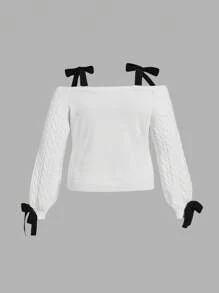 SHEIN MOD Plus Size Strapless Cable Knit Bow Long Sleeve Sweater - Black and White - View 2