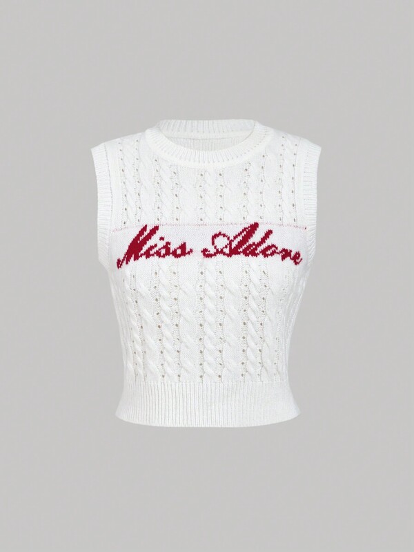 SHEIN MOD Top tricotat cu model de litere fără mâneci pentru femei, îmbrăcăminte pentru întoarcerea la școală, topuri de lână, haine de iarnă pentru femei, veste drăguțe de lână, pulover de Anul Nou