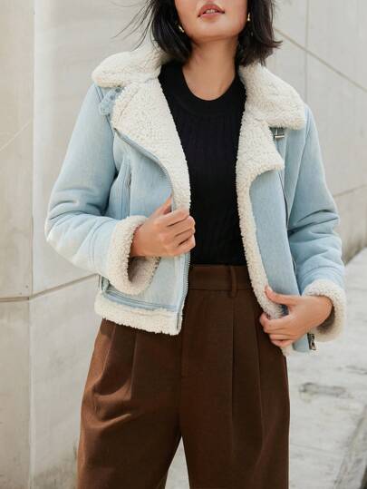 SHEIN Privé Nueva chaqueta corta de motociclista vaquera de invierno, chaqueta corta casual con forro térmico para mujer