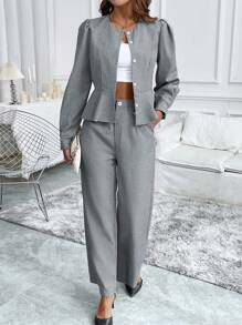 Chiquease 女士休闲纯色泡泡袖单排扣荷叶边下摆衬衫和宽腿宽松裤套装，春秋 - 灰色 - 查看 4