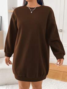 SHEIN EZwear Plus Size Minimalist Black Sweatshirt Dress, For Winter - Brown - View 3
