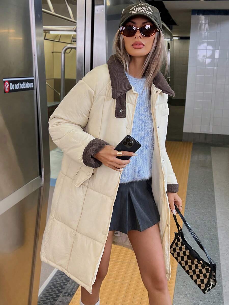 Aveloria Affinna 秋冬装女式格子绗缝长款夹棉外套，采用天鹅绒设计和撞色块口袋