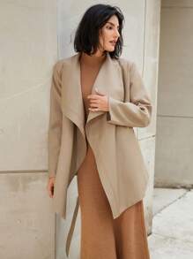 SHEIN Privé 法式时尚优雅商务专业风格缺口领系带长袖常规版型风衣 - 卡其色 - 查看 6