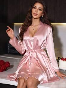 SilkySpell Satin Backless Tie-Up Sleep Dress And Belted Robe Sleepwear Pajama Set, Fall Winter Clothes - Dusty Pink - View 6