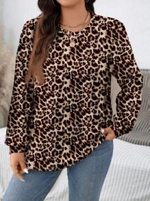 SHEIN LUNE 休闲豹纹图案加大码宽松套头衫，秋冬 - 白色 - 查看 1