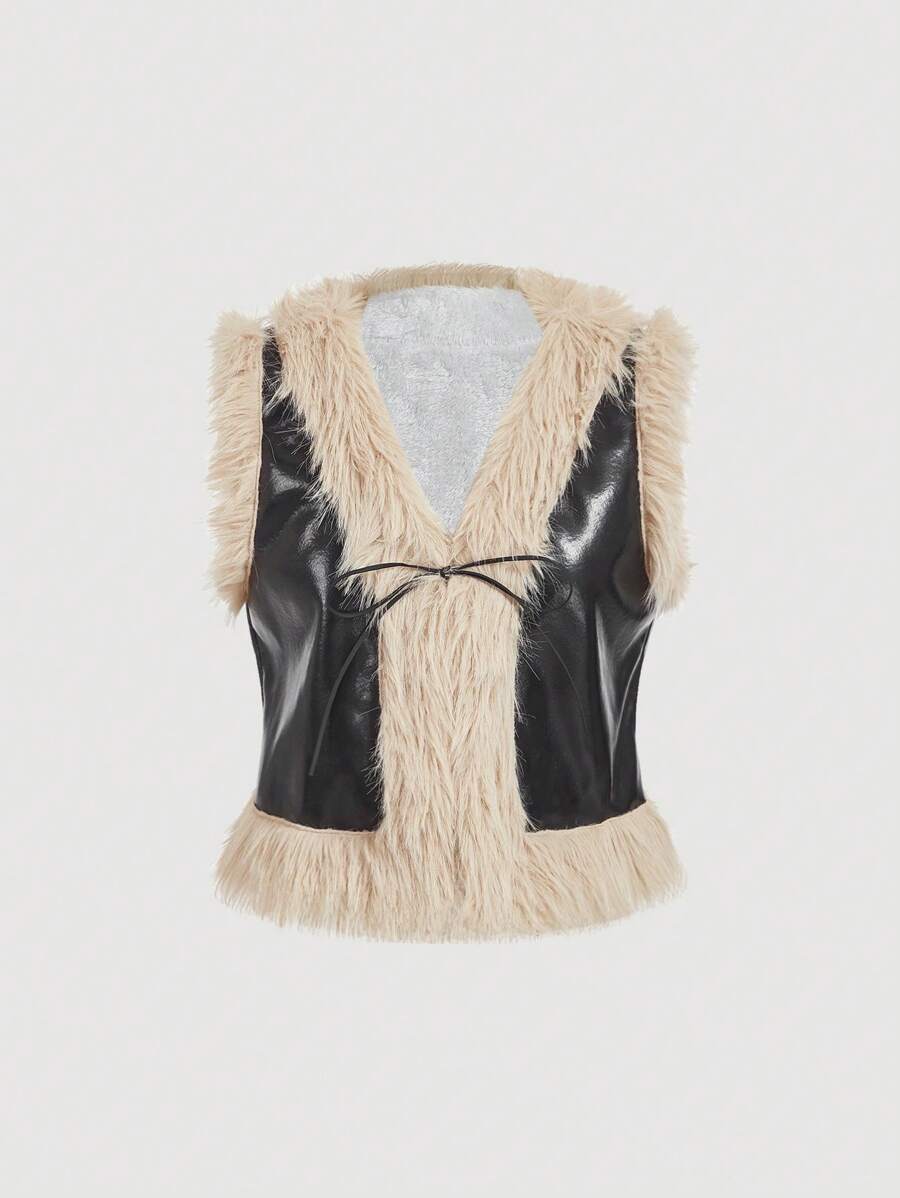 SHEIN MOD 女士复古蓬松拼接V领无袖夹克,蓬松外套,冬季女装,新年,女巫,商务女装,嬉皮女装 - 黑色 - 查看 1