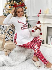 SHEIN Maternity Christmas Lettered Side Slit Long Sleeve Shirt And Christmas Red Leggings 2pcs Set, Autumn - Multicolor - View 1
