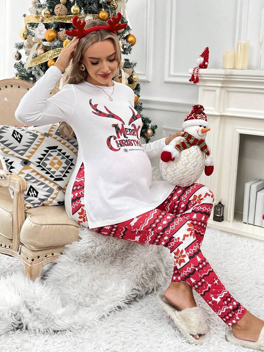 SHEIN Maternity Christmas Lettered Side Slit Long Sleeve Shirt And Christmas Red Leggings 2pcs Set, Autumn - Multicolor - View 1