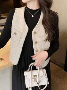 SHEIN Unity Áo khoác nữ cổ chữ V không tay màu trơn có túi thường ngày/làm việc - Màu be - Xem 1