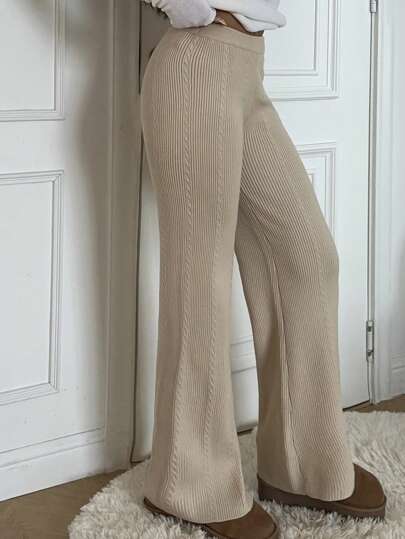 SHEIN EZwear Grey Floral Jacquard Rib-Knit Slim Flare Pants, Autumn/Winter