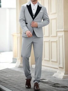 Manfinity Mode 2pcs Men's Contrasting Collar Jacket And Trousers Suit - Grey - View 6