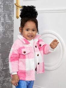女婴毛绒格子翻领夹克，适合户外、秋冬季、圣诞节 - 粉色 - 查看 4