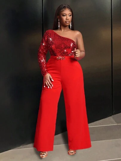 Slaydiva 新年红色高端优雅大码女式纯红色高开叉单肩亮片拼布连体裤