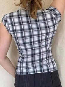 INAWLY 女士格子印花荷叶边前襟纽扣衬衫，配飘逸袖子