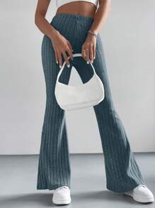 Muchica 纯色简约罗纹针织裤，休闲日常居家穿着 - 深灰色 - 查看 5