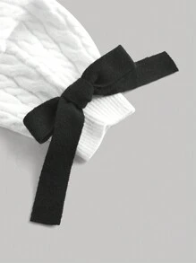 SHEIN MOD Plus Size Strapless Cable Knit Bow Long Sleeve Sweater - Black and White - View 5