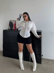 Flirla Chemise blanche unie à manches longues avec poche pour femmes grandes tailles - Blanc - Voir 6