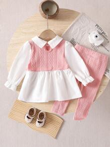 SHEIN Baby Mädchen 2-teiliges Set aus Langarmshirt mit Kontrast-Kragen-Patchwork und Hosen für Frühling/Herbst