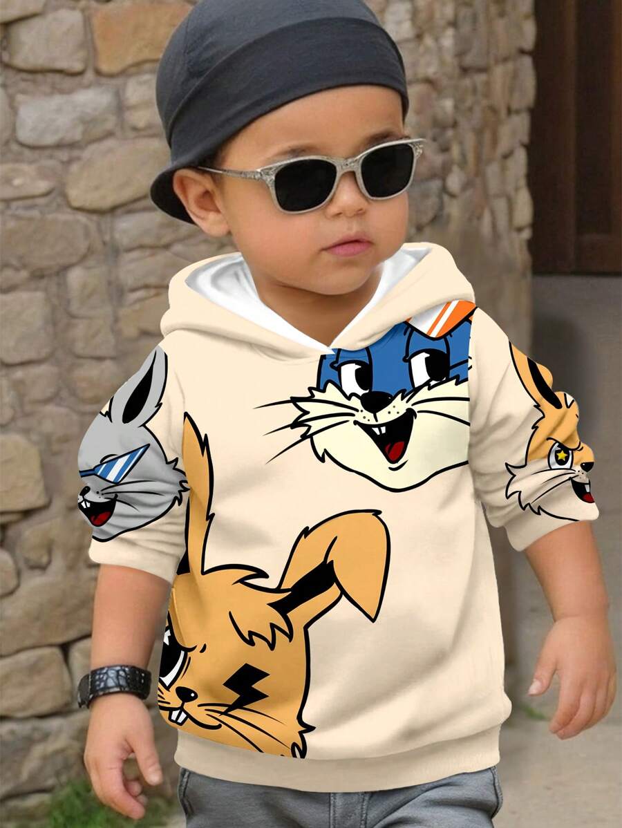 SHEIN 男婴休闲简约兔子图案宽松保暖连帽卫衣,适合秋冬季 - 杏色 - 查看 1