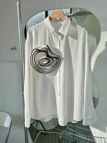 Chiquease Women 3D Floral Decor Drop Shoulder Long Sleeve Loose Casual Blouse, Autumn Fall Cloth For Women