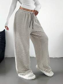 Flirla Quần sọc buộc dây phía trước đa năng thường ngày cỡ lớn, mặc hàng ngày - Màu be - Xem 3