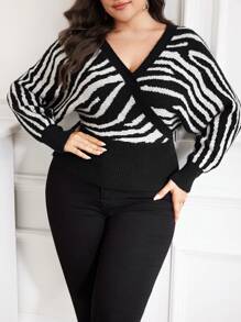 Modelyn 大码女式斑马纹 V 领蝙蝠袖长袖休闲套头衫秋季 - 黑與白 - 查看 1