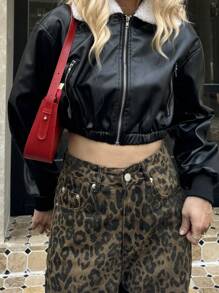 Chiquease Sheepskin Collar Patchwork Black Leather Motorcycle Short Jacket - Black - View 1