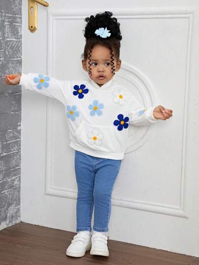 SHEIN Leap Crew Baby Girl Cute Floral Embroidered White Hooded Sweatshirt For Fall & Winter
