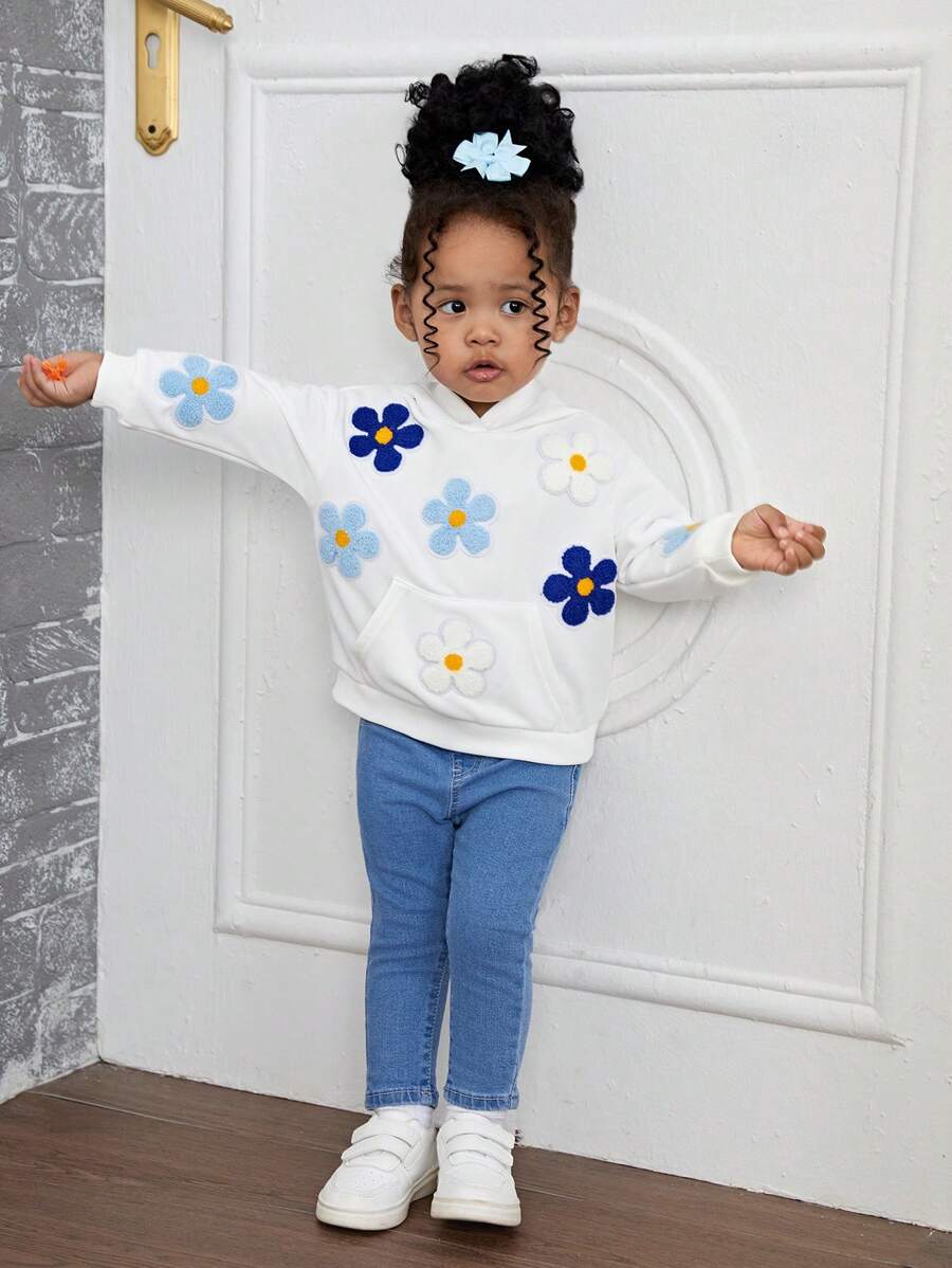 SHEIN Leap Crew Baby Girl Cute Floral Embroidered White Hooded Sweatshirt For Fall & Winter - White - View 1