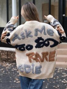 Aveloria Modichic Letter Pattern Button Through Cardigan Oversized Sweater ,Long Sleeve Tops - Multicolor - View 2